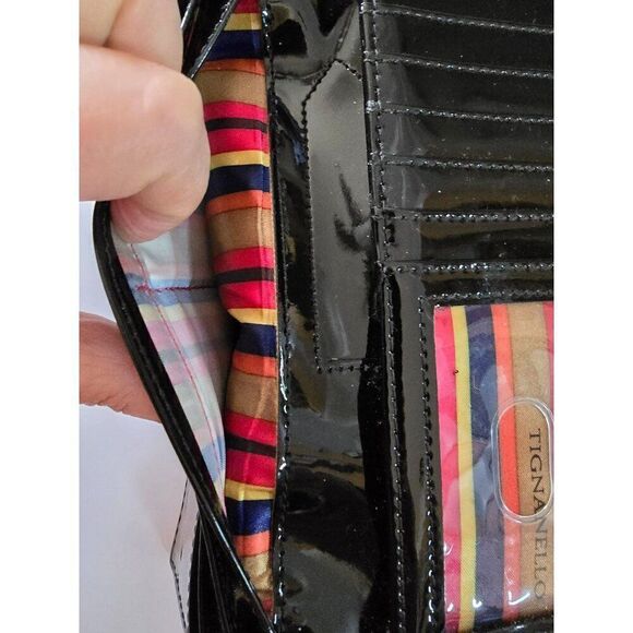 Tignanello Black Patent Leather Wallet With Colorful Striped Interior - Picture 9 of 9